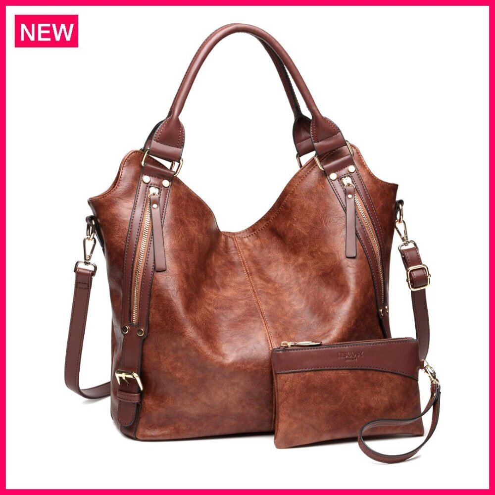 Large PU Leather Hobo Tote Bag with Adjustable Strap and Zipper Pockets